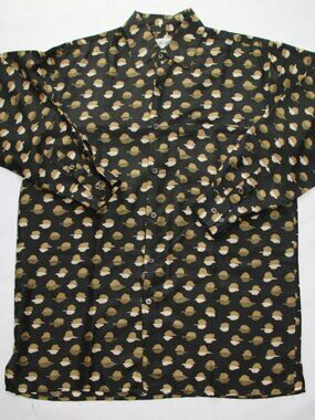VINTAGE CESAR 100% Silk Shirt Size M Black w/ Tan & Cream Flourishes - LS